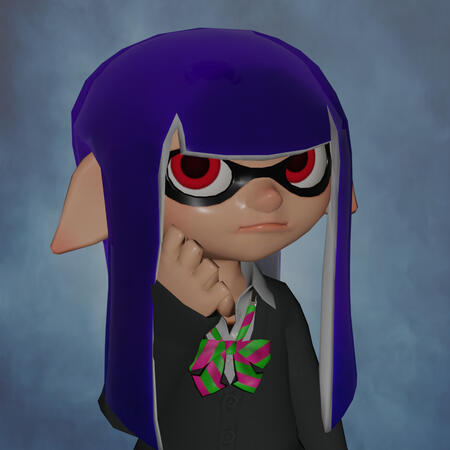 a blue-inked inkling with the banger hairstyle wearing the school cardigan set. she has an arm raised, putting her fist to her cheek. she's frowning and looks shy. she has red eyes and her ears are drooping.